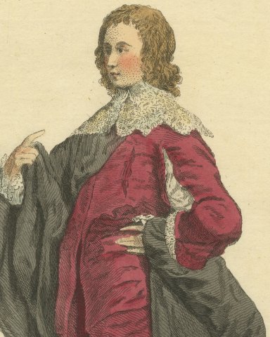 English Gentleman in 1640, Crimson Suit and Black Cloak, Jefferys Print, 1757, close-up 1