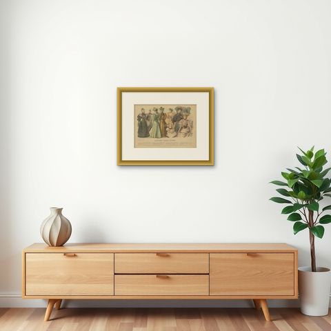 German Antique Fashion Print of Women, Published in 1894, shown framed on a wall