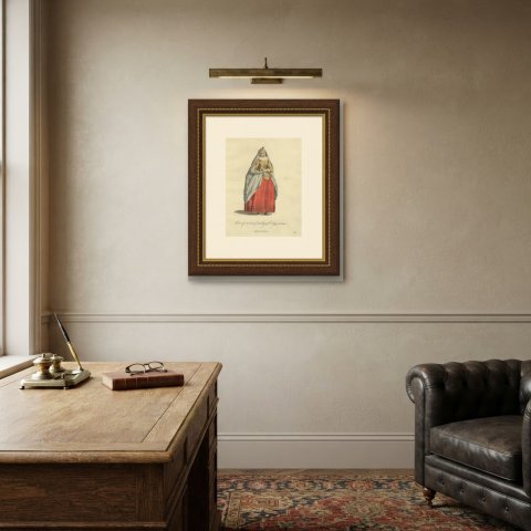 Woman of Quality of Cologne in Gray Veil and Red Skirt, Costume of 1640, 1757, shown framed on a wall