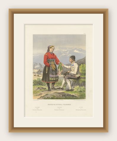 Antique Norwegian Costume Print, Hitterdal in Telemark, circa 1860s, shown framed