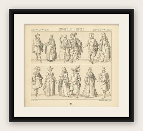Pl. 59 Antique Print of European XVIth Century Costumes by Racinet, shown framed