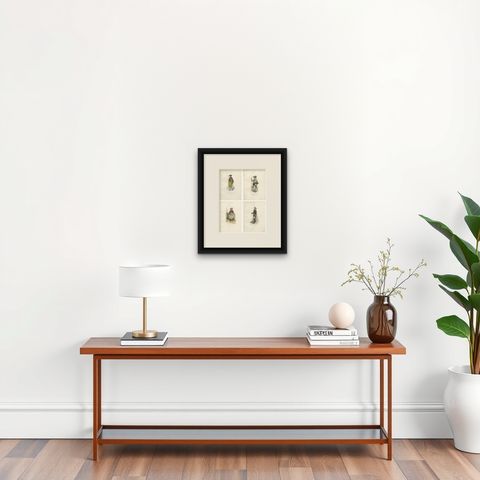 Set of Four Antique German & Bavarian Folk Costume Engravings, circa 1850, shown framed on a wall