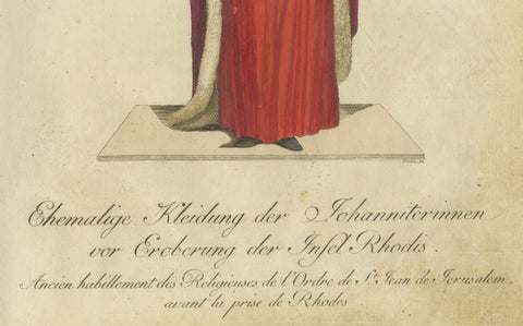 Pre-Rhodes Hospitaller Nun: 1791 Colored Engraving of Historic Ceremonial Dress, close-up 1
