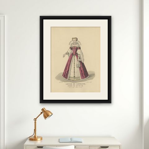 Antique Costume Print of Louise de Lorraine, Queen of France, 1900, shown framed on a wall