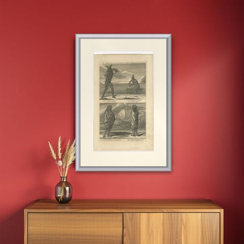 Inhabitants of California, Indigenous Dress and Daily Life Engraving, c1774, shown framed on a wall