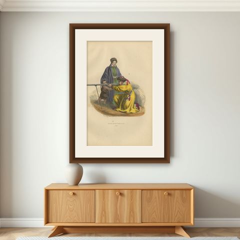 Tartar Family in Traditional Dress: 19th Century Ethnographic Illustration, shown framed on a wall