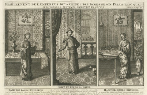 Antique Chinese Court Costume Engraving, Emperor & Palace Ladies, ca.1720, close-up 6