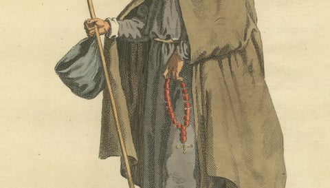 Mendicant Religious Costume Engraving, Pilgrim Monk, 1588 - Published in 1749, close-up 6