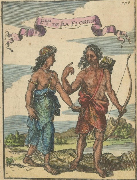 Florida Indians, Couple in Traditional Dress, Mallet America Engraving, 1683, close-up 3