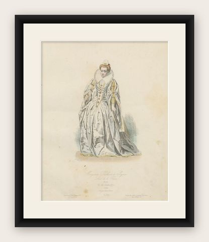 Antique French Costume Print of Marguerite Duchesse de Savoie, Renaissance Dress, shown framed