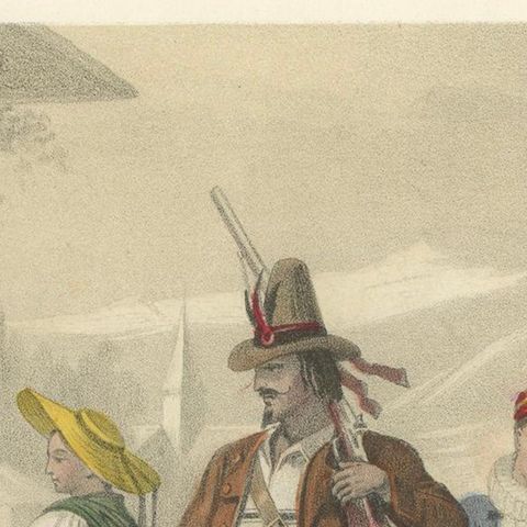 Swiss and Tyrolean Costumes, Fiancés of Fribourg and Tyrolean Figures, c.1845, close-up 6