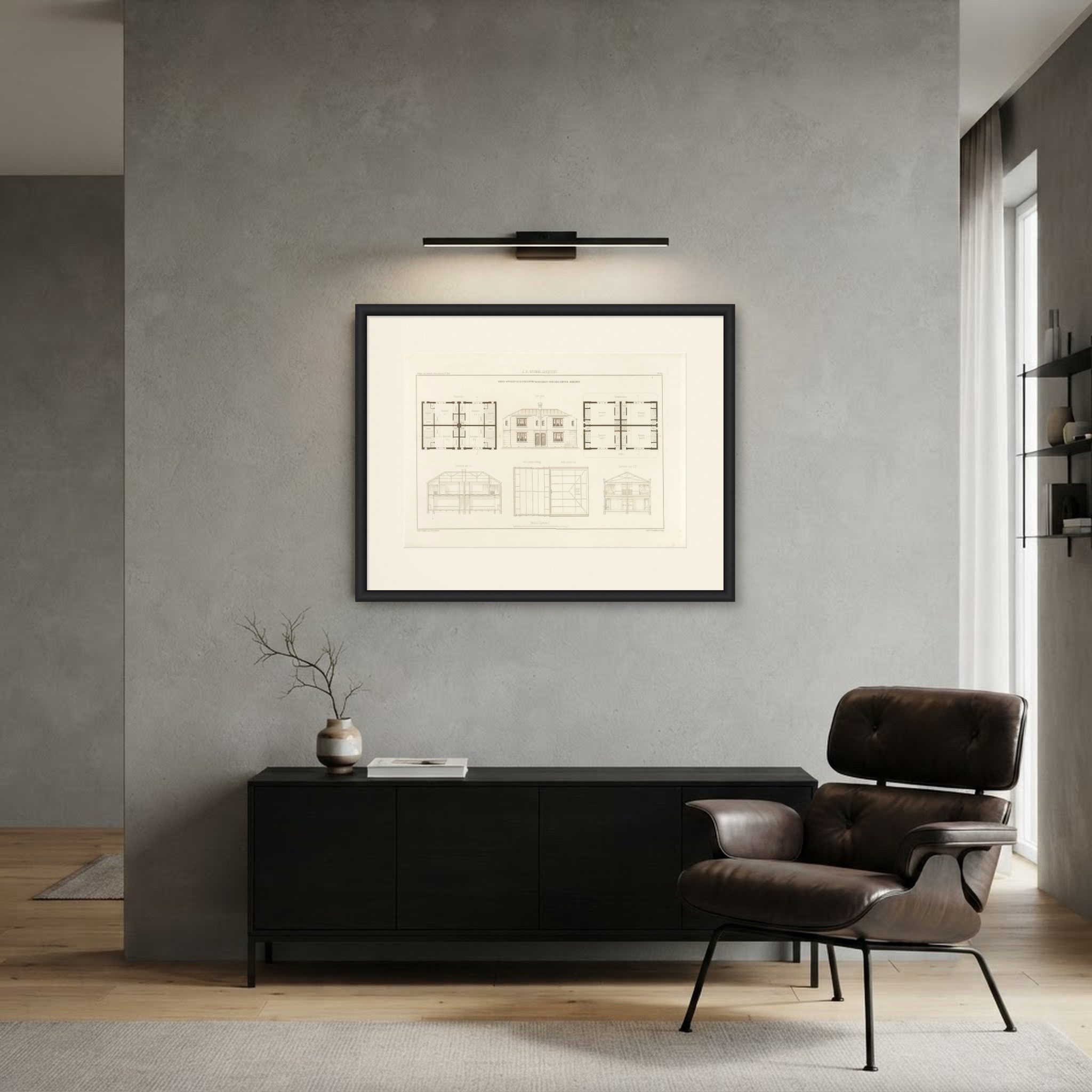 Fireproof Workers' Housing Design, Dutch Architecture Print, Leliman, 1865-1866, shown framed in a room