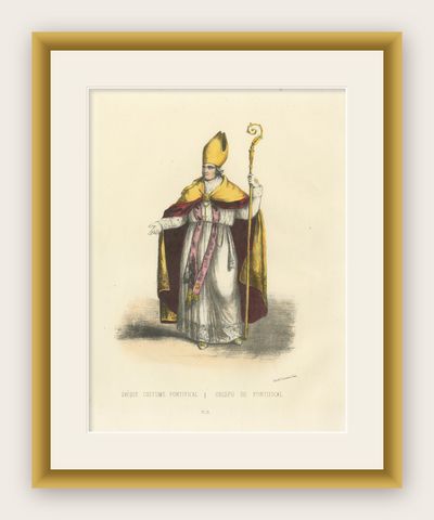 Lithograph of Évêque en Costume Pontifical (Bishop in Pontifical Robes), 1862, shown framed