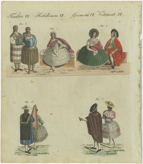 Elegant Costumes of 18th-Century Peru: Hand-Colored Engraving from Bertuch, 1805, view 2