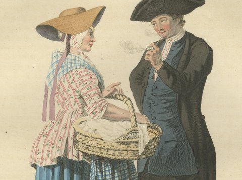 Off to the Fair with Butter and Eggs, Dutch Costume Print, 1811, close-up 1
