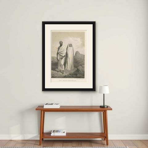 Islamic Costume Print Pilgrim Attire of Mecca, 1863 Dutch Lithograph, shown framed on a wall