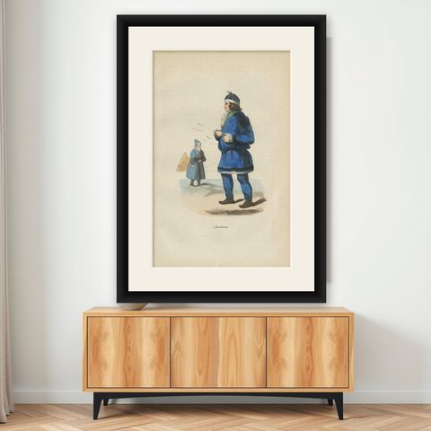 Laplanders in Traditional Winter Dress, Berghaus Ethnographic Print, 1855, shown framed on a wall