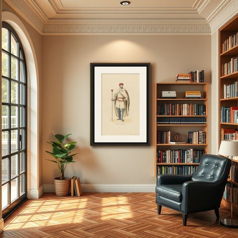 Templar in War Attire with Staff, Costume Di Moyen Age, 1847, shown framed in a room