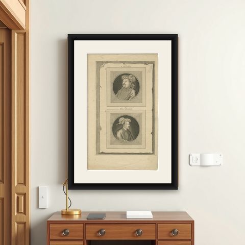 Mughal Nobles Asad Khan & Khan Jahan Portrait Engraving, Valentijn, c.1726, shown framed on a wall