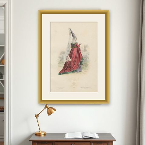Antique French Costume Print of a Noble Lady in Medieval Attire, 19th Century, shown framed on a wall
