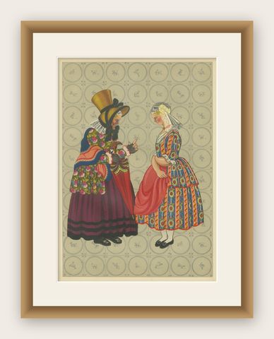 Chromolithograph of Groningen Women in Chintz and Flodder Muts Headdresses, 1932, shown framed