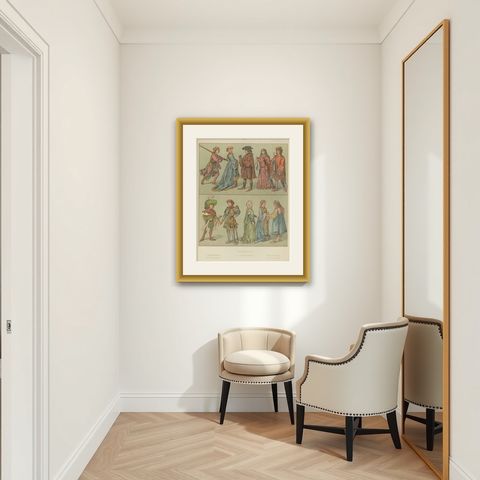 Burgundian Renaissance-Era Costume, 15th Century Antique Print, Published c.1880, shown framed in a room