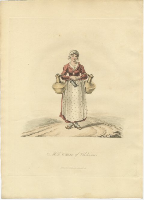 Milk Woman of Valenciennes with Brass Milk Cans, Antique Ackermann Print, 1817, view 2
