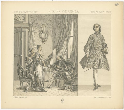 Pl. 110 Antique Print of European 18th Century Costumes by Racinet, circa 1880, view 4