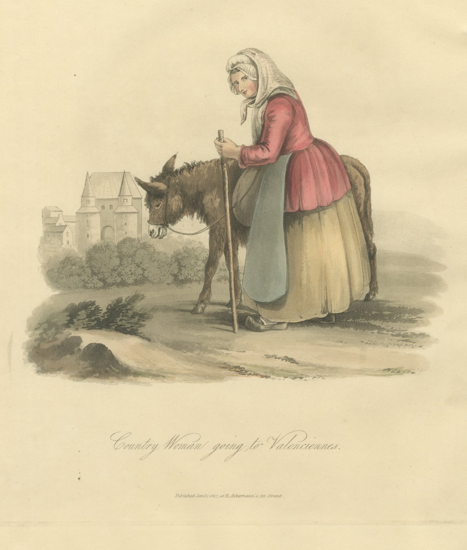 Country Woman and Donkey going to Valenciennes, Antique Print, 1817