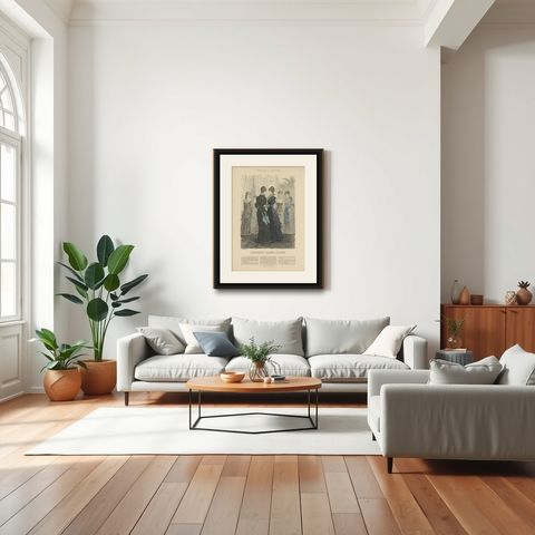 Antique Fashion Print by Marquart, 1881, shown framed in a room