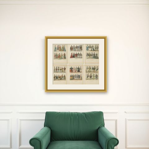 French Renaissance Costumes 1500s, Set of 6 Antique Prints, Published in 1880, shown framed on a wall