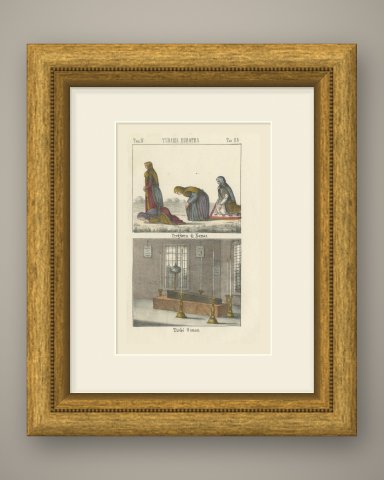 Women at Namaz Prayer and the Tomb of Osman, Hand Colored Lithograph, 1842, shown framed