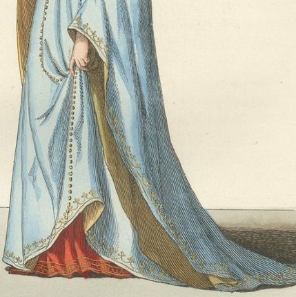 Medieval Costume Figures, 3 Elegant Hand-Colored Antique Prints, France 1845, close-up 1