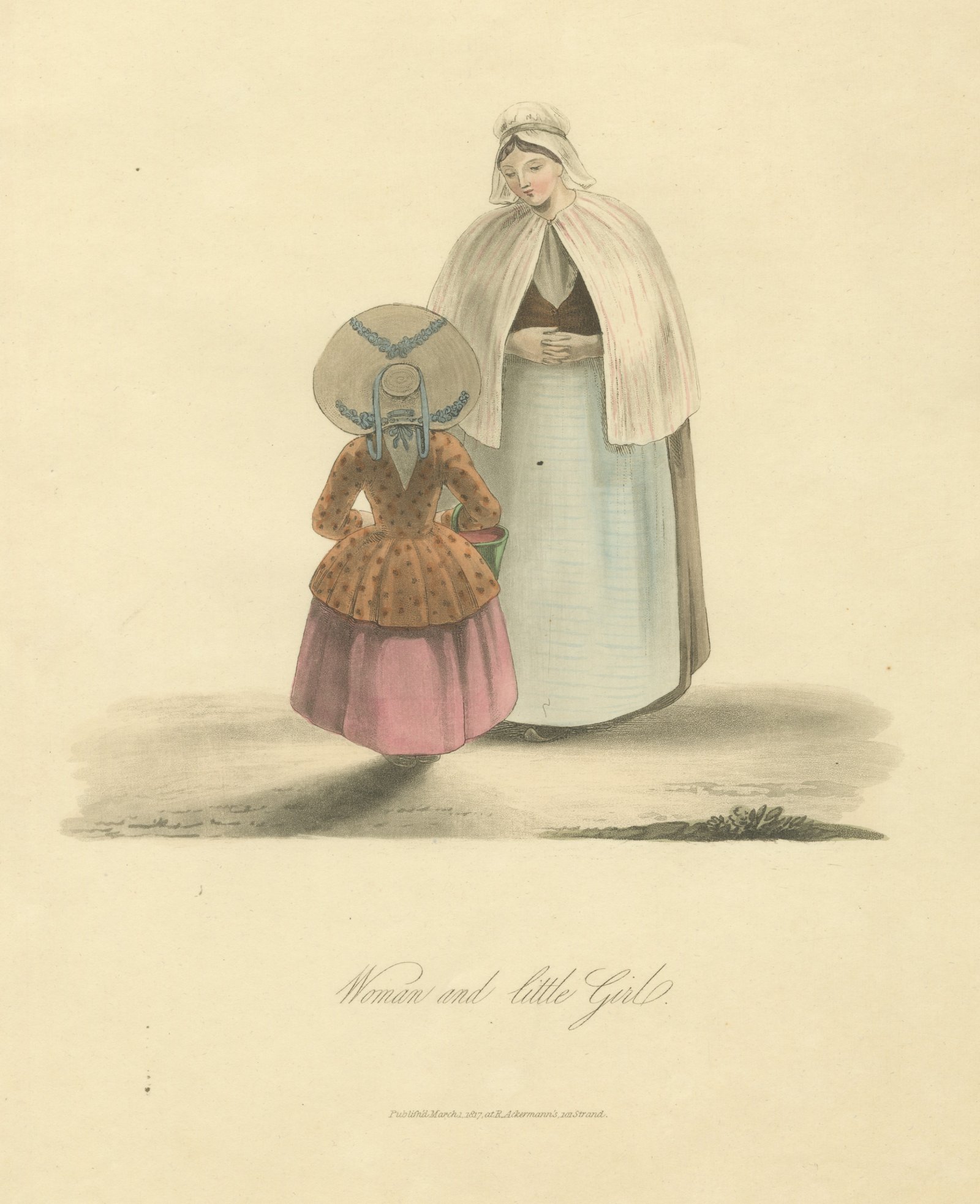 Woman and Little Girl with Green Pail, Antique Ackermann Costume Print, 1817