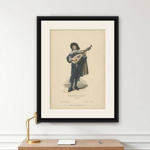 Antique Costume Print of a Lute Player from Holland, c.1880, shown framed on a wall