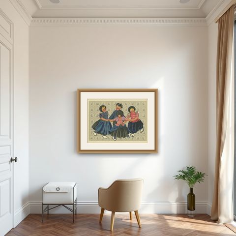 Joyful Children's Round Dance in Spakenburg Costume, Dutch Folk Art Print, 1932, shown framed in a room