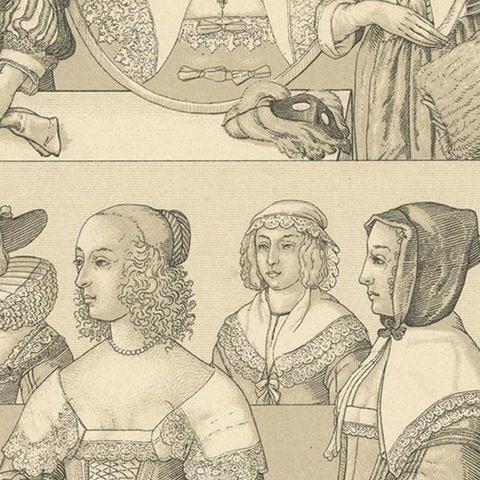 Pl 96 Antique Print of European 17th Century Costumes by Racinet, close-up 2