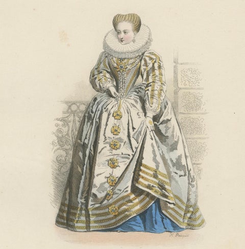 Antique French Costume Print of Gabrielle d’Estrées, 16th-Century Court Dress, close-up 2