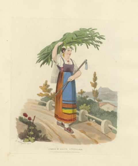 Costume Print: Female of Civita Castellana, 1820 Hand-Colored Engraving, close-up 4