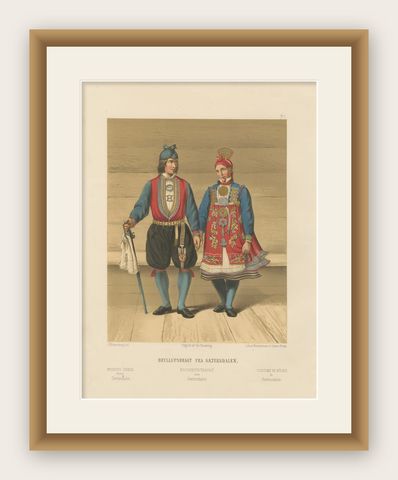 Norwegian Bridal Attire, Saetersdalen Couple in Wedding Dress, 19th Century, shown framed