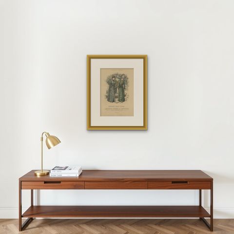Antique Fashion Print from Germany by Dürr, 1889, shown framed on a wall