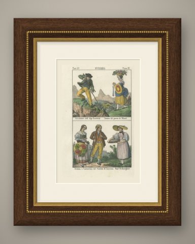 Swiss Costumes, Bernese Alps Hunter and Women of Vaud, Lucerne, Fribourg, 1842, shown framed