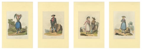 Austrian Folk Costume Prints, Elegant 4-Plate Set of Rural Figures, c. 1820, view 7