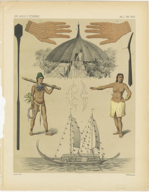 Pacific Island Ethnography, Canoe, Architecture & Costume, Antique Print c.1890, view 10