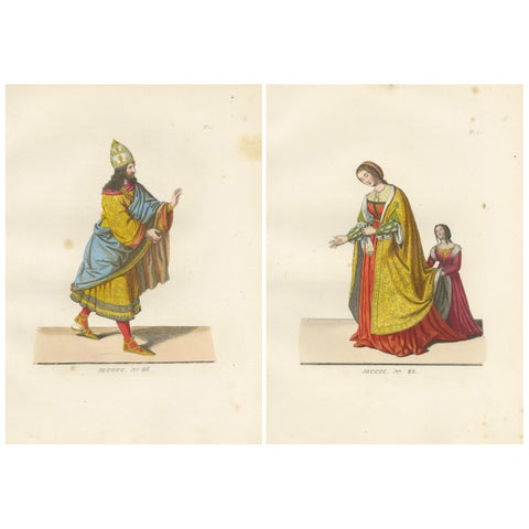 15th Century Costumes, Antique Print of Noble Figures, Published 1845