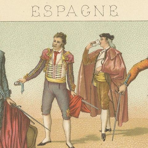 Pl. 178 Antique Print of Spanish Bullfighting Costumes by Racinet, 'circa 1880', close-up 1