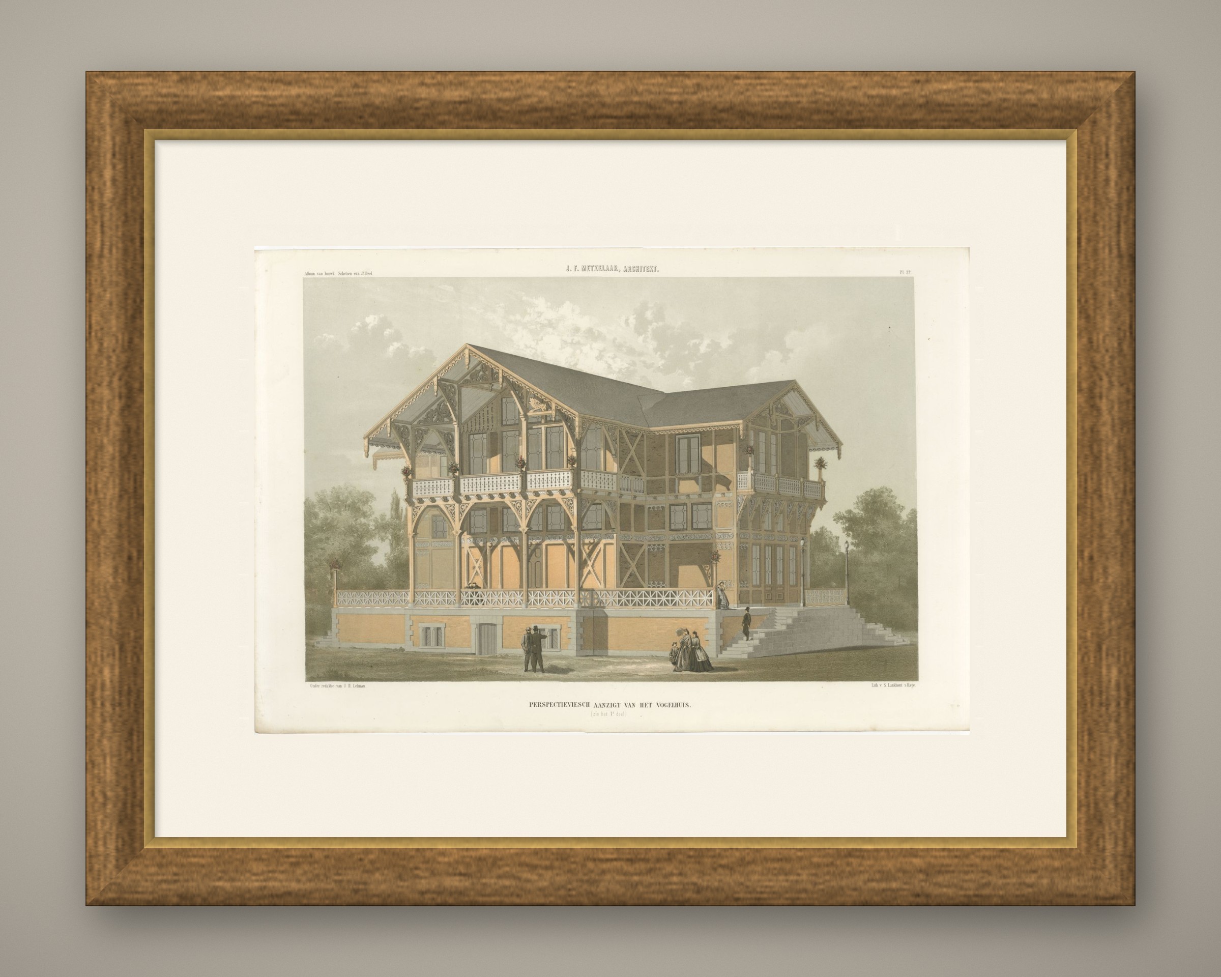Swiss Chalet Aviary, Perspective, Dutch Architecture Print, Leliman, 1865-1866, shown framed