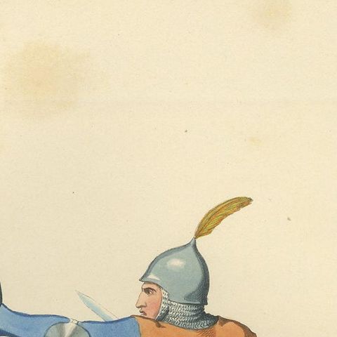 Antique Print of a 14th Century Italian Military Costume by Bonnard, 1860, close-up 1