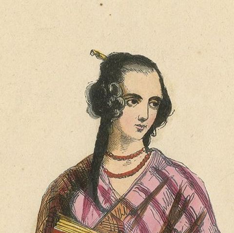 Antique Costume Print of young Lady of Conception Island by Wahlen, 1843, close-up 1