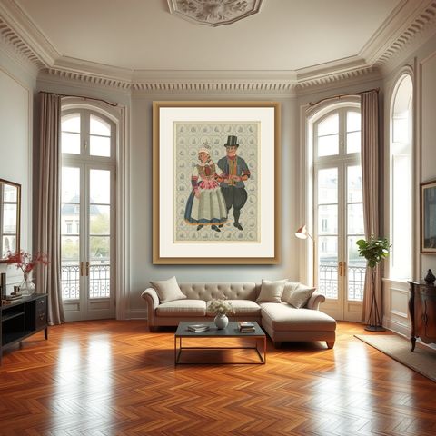 Dutch Folk Couple in Vibrant Marriage Dress from Marken, Netherlands, c.1932, shown framed in a room